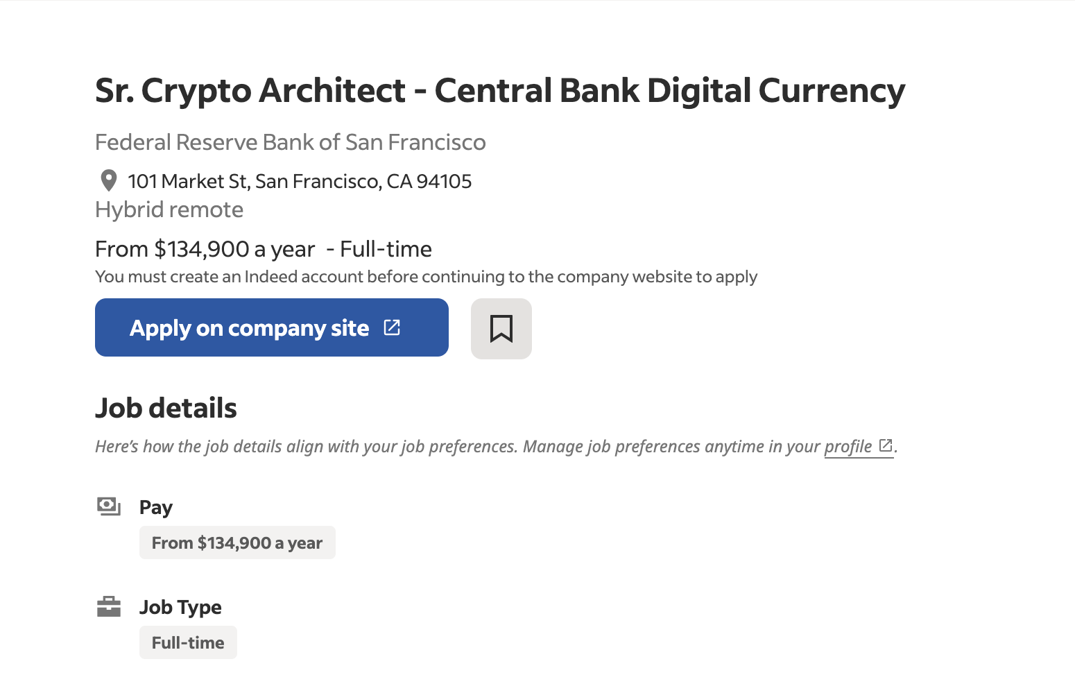 Federal Reserve Bank of San Francisco's job posting, screenshot from Indeed.