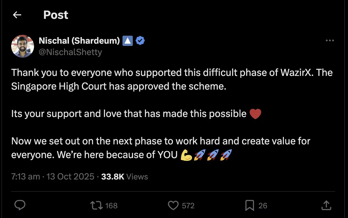 Screenshot of WazirX CEO Nischal Shetty’s tweet announcing Singapore High Court approval for the exchange’s restructuring plan.