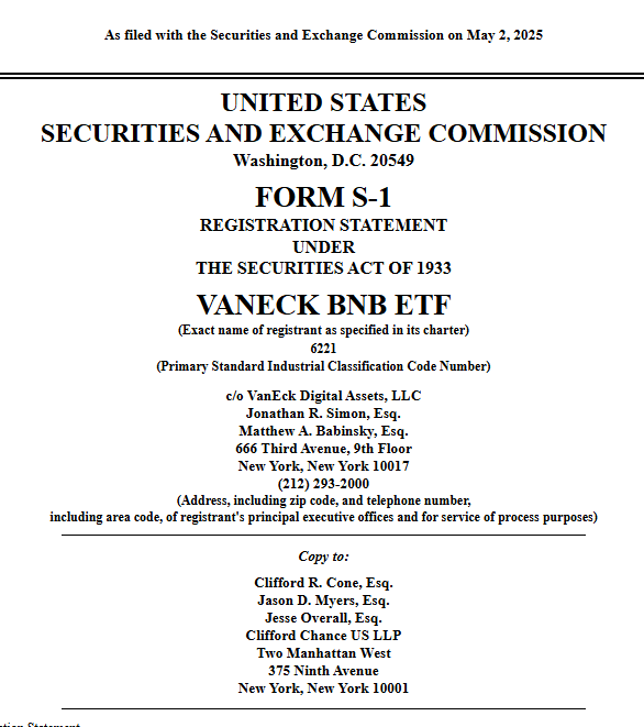 VanEck's BNB ETF S-1 filing