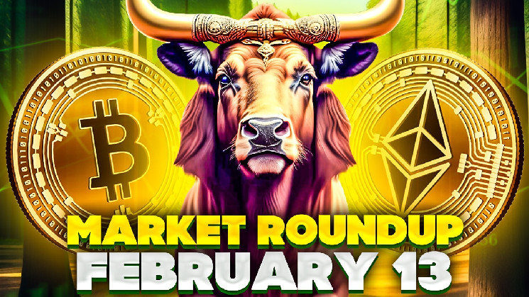 صورةٌ لثورٍ يتوسّط شعاري بيتكوين وإيثيريوم وعبارة تحديث السوق بتاريخ 13 شباط/فبراير