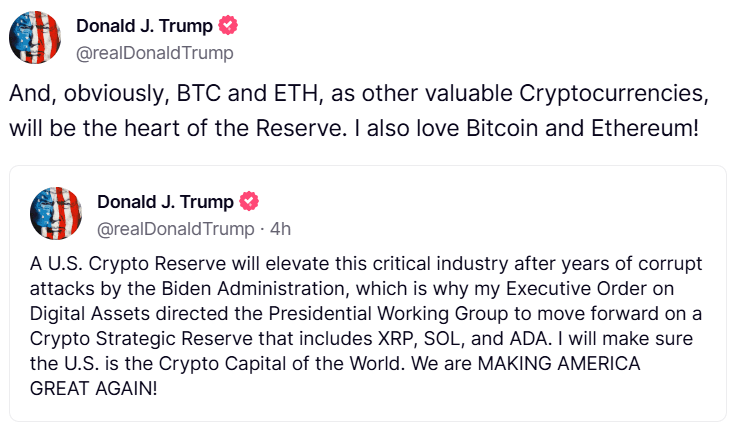 Donald Trump Truth Post Announcement of Crypto Reserve Including BTC ETH XRP SOL ADA