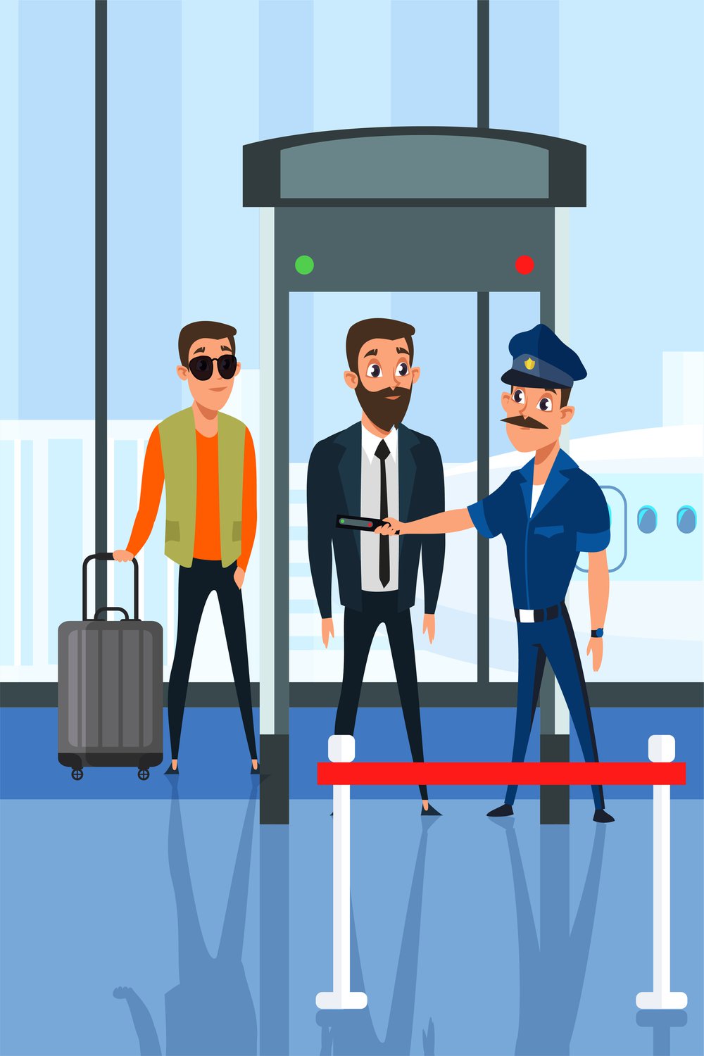 Security check gates illustration. Guard checking passengers with metal detector, businessman, guy with suitcase in departure lounge