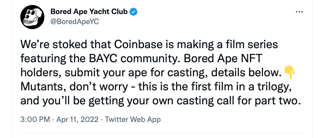 Coinbase está creando una trilogía cinematográfica con personajes NFT de Bore Ape Yacht Club