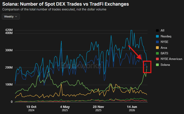 DEX Solana лидирует по объему торгов на NYSE с 208 млн транзакций в неделю