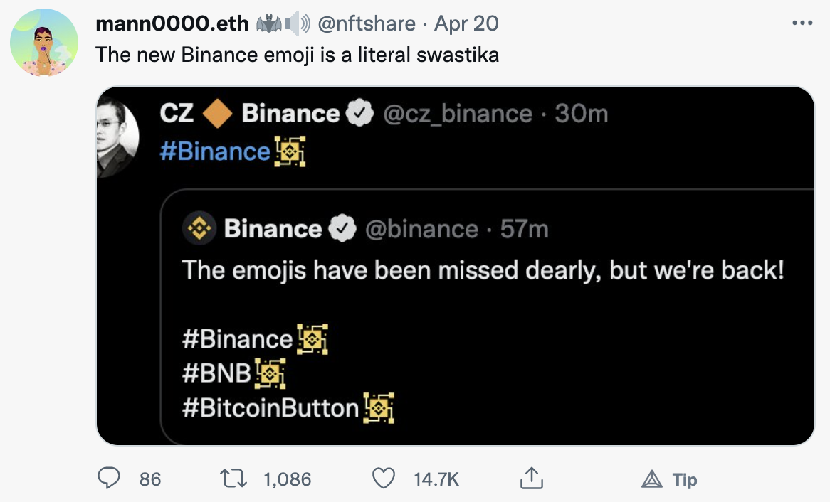 Binance embarrassed by Swastika-like emoji - Crypto Daily™