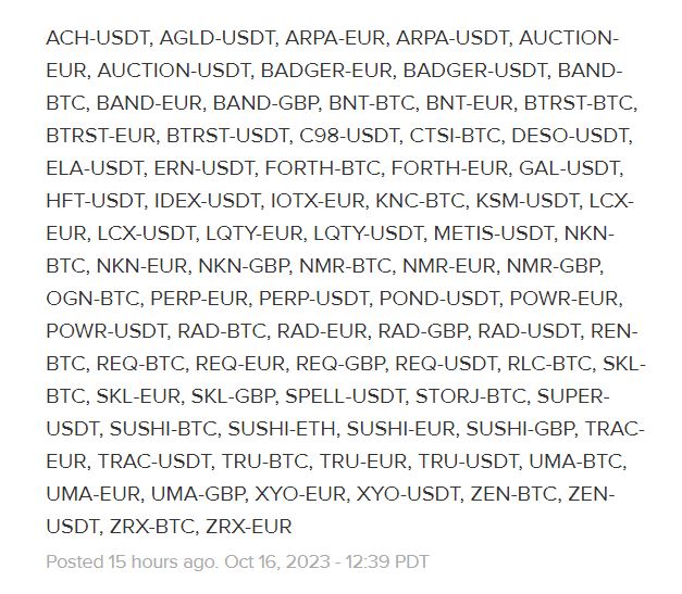 The list of crypto pairs delisted by Coinbase