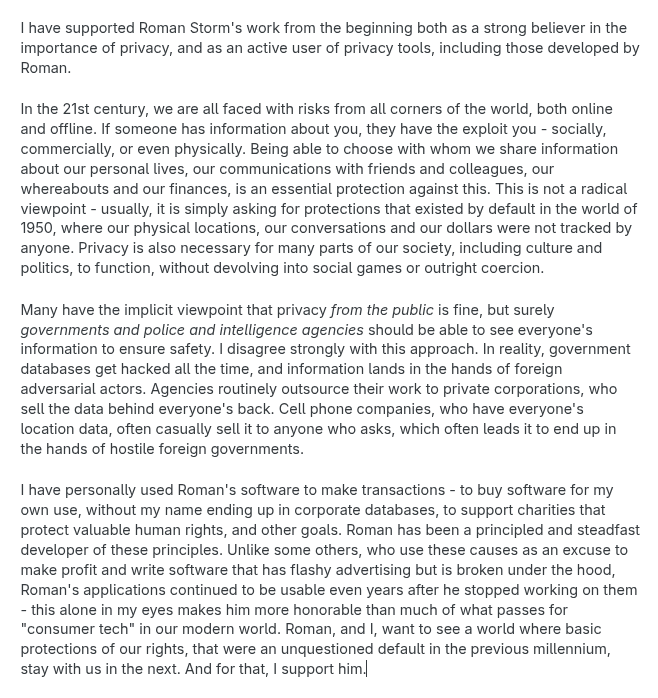 Vitalik Buterin letter supporting Roman Storm