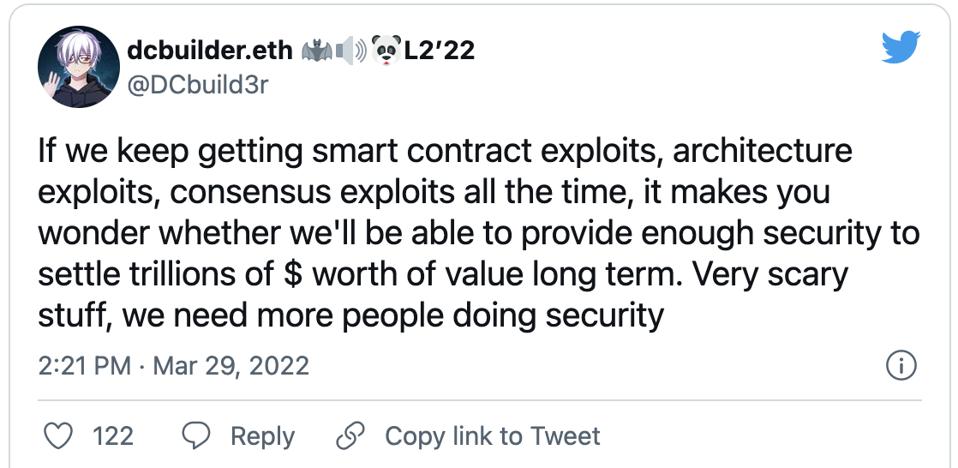 Bearish tweet about continued exploits of DeFi.