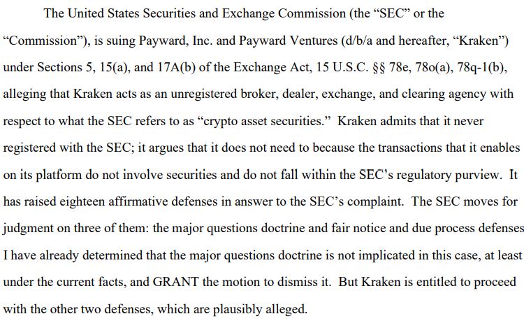 SEC удалось преодолеть защиту Kraken по&nbsp;доктрине основных вопросов