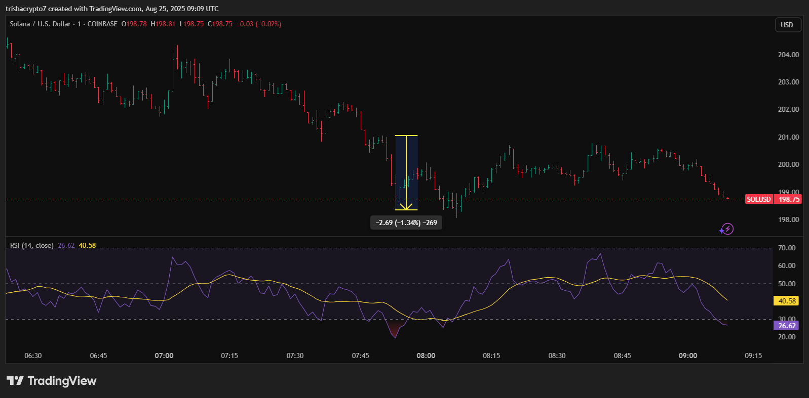 Price chart for Solana in the past few hours, August 25, 2025 | Source: TradingView
