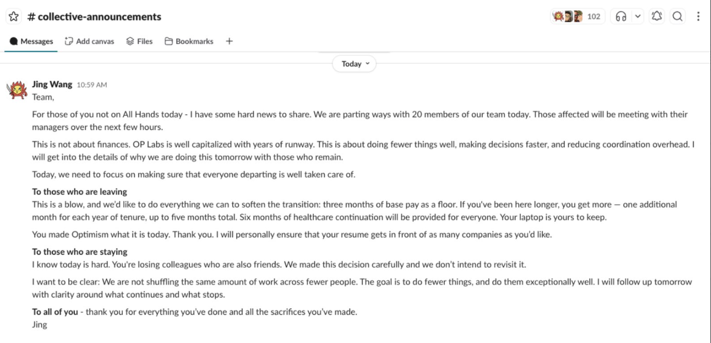 OP Labs CEO Jing Wang Note to Optimism Community.