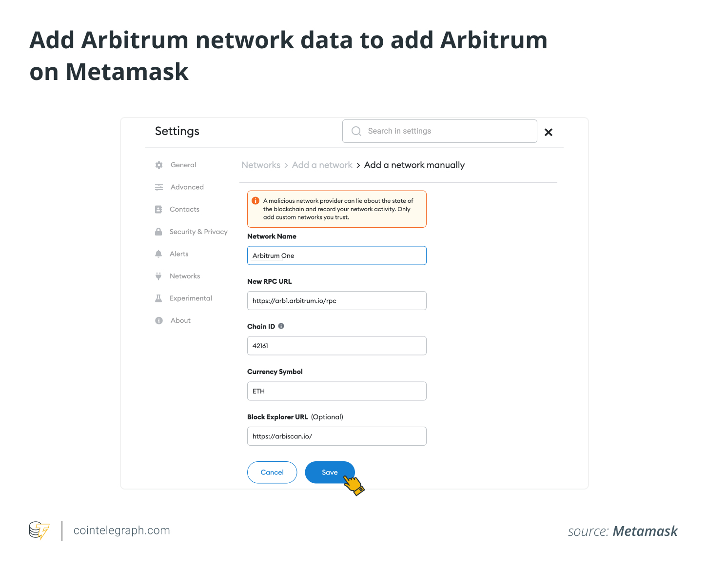 Add Arbitrum network data to add Arbitrum on Metamask