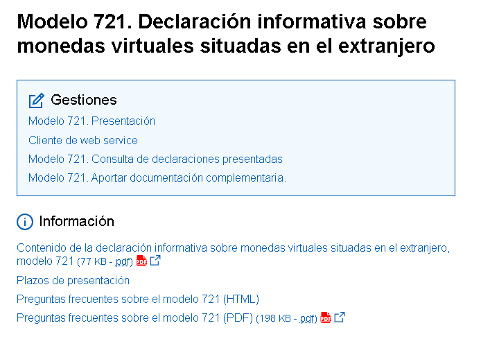 Impuestos sobre Bitcoin y criptomonedas en España. Modelo 721. Fuente: Agencia Tributaria
