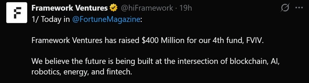 Framework Ventures привлекла 400 миллионов долларов в свой четвёртый фонд на фоне расширения деятельности криптовалютных венчурных фондов в сферах искусственного интеллекта, робототехники и энергетики