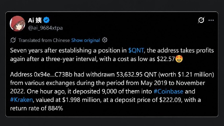 На этой неделе цена Quant достигла 373 долларов, после чего крупный инвестор 2019 года реализовал свои активы на сумму 2 миллиона долларов