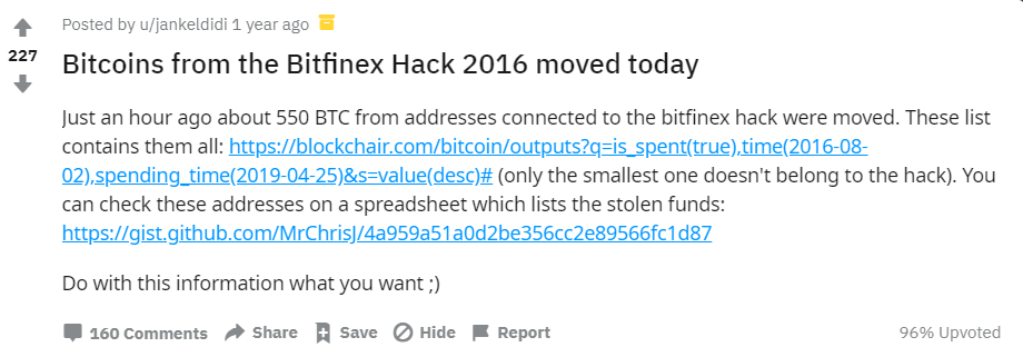 Украденные с Bitfinex в 2016 году bitcoin пришли в движение