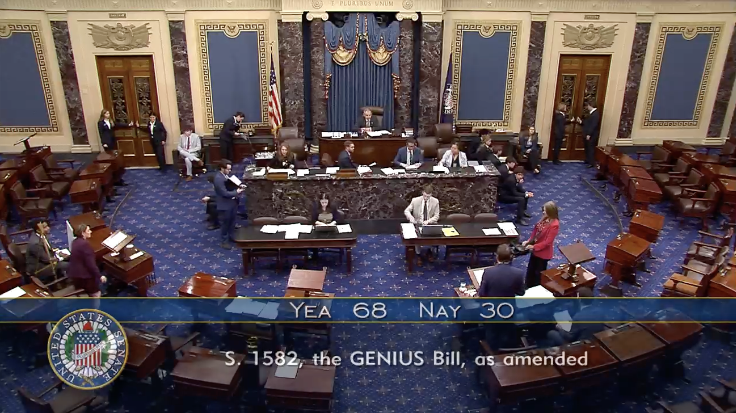 The Senate has passed the GENIUS Act, the most significant digital finance bill in U.S. history, creating a regulated space for stablecoins.