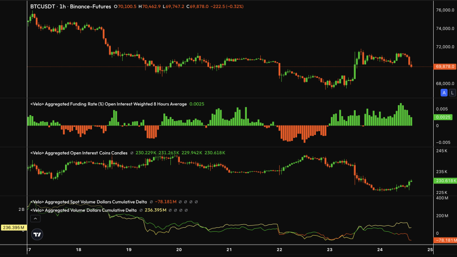 Die Grafik zeigt den Bitcoin-Kurs und Order-Flow-Daten