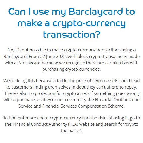 Barclays verbietet Kunden, Kreditkarten für alle Krypto -Transaktionen zu verwenden