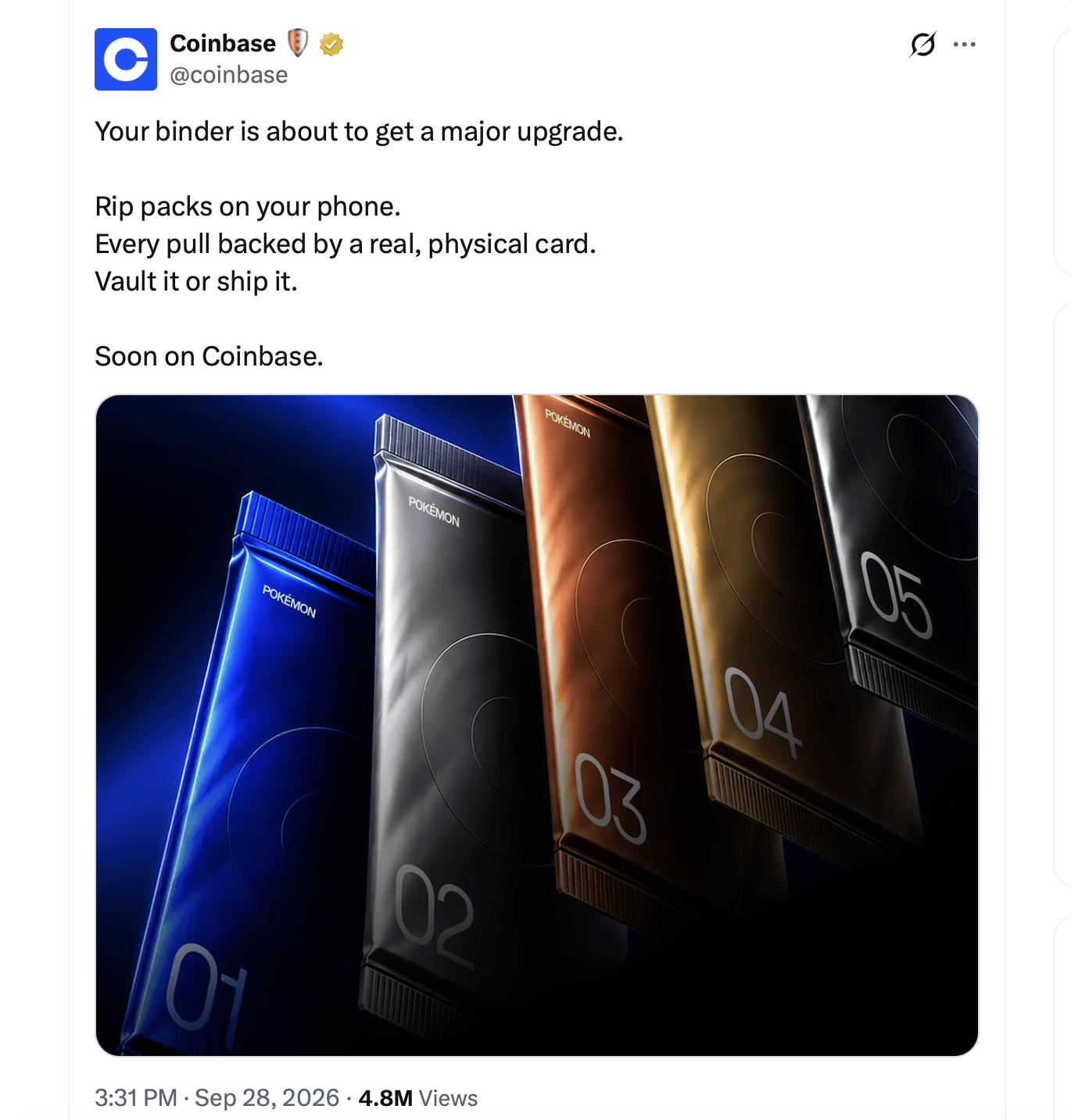 Coinbase планирует выпустить цифровые покемонов, за которыми стоят настоящие карточки