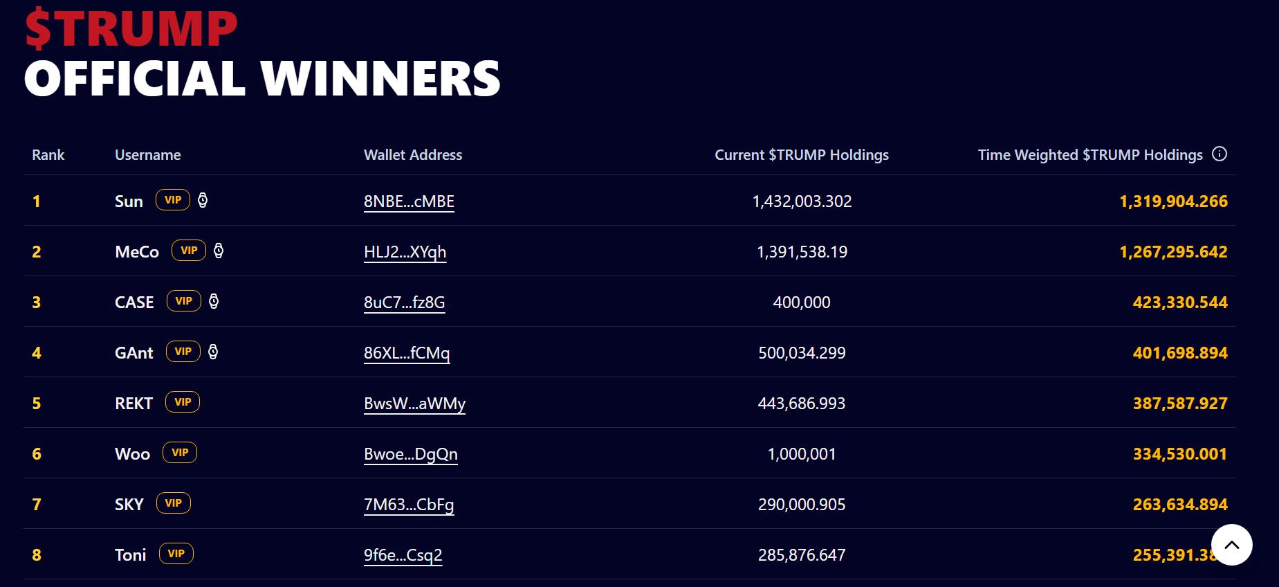 The top eight holders on the TRUMP meme coin leaderboard, May 21, 2025