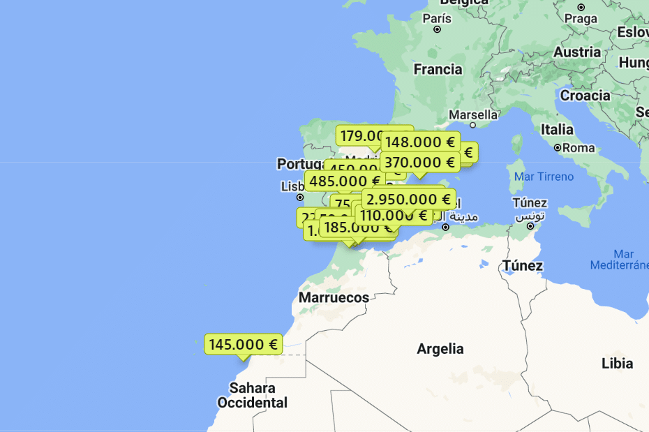 A map showing Idealista listings where vendors say they would accept a Bitcoin payment.