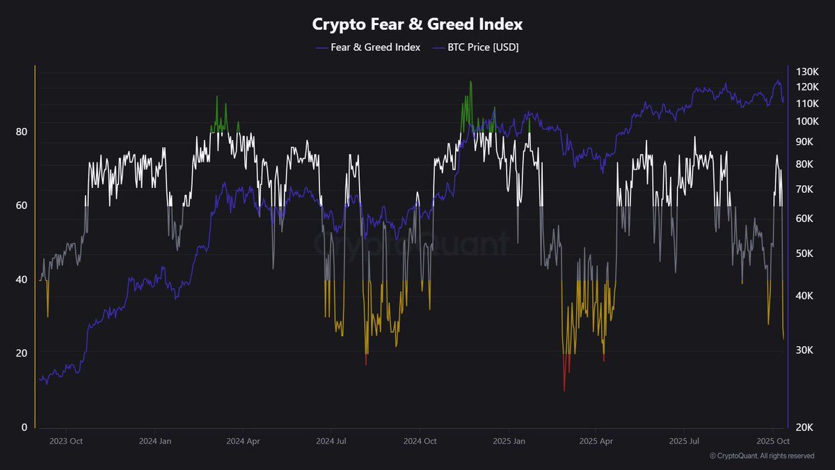 CryptoQuant chart showing the Fear & Greed Index at multi-month lows