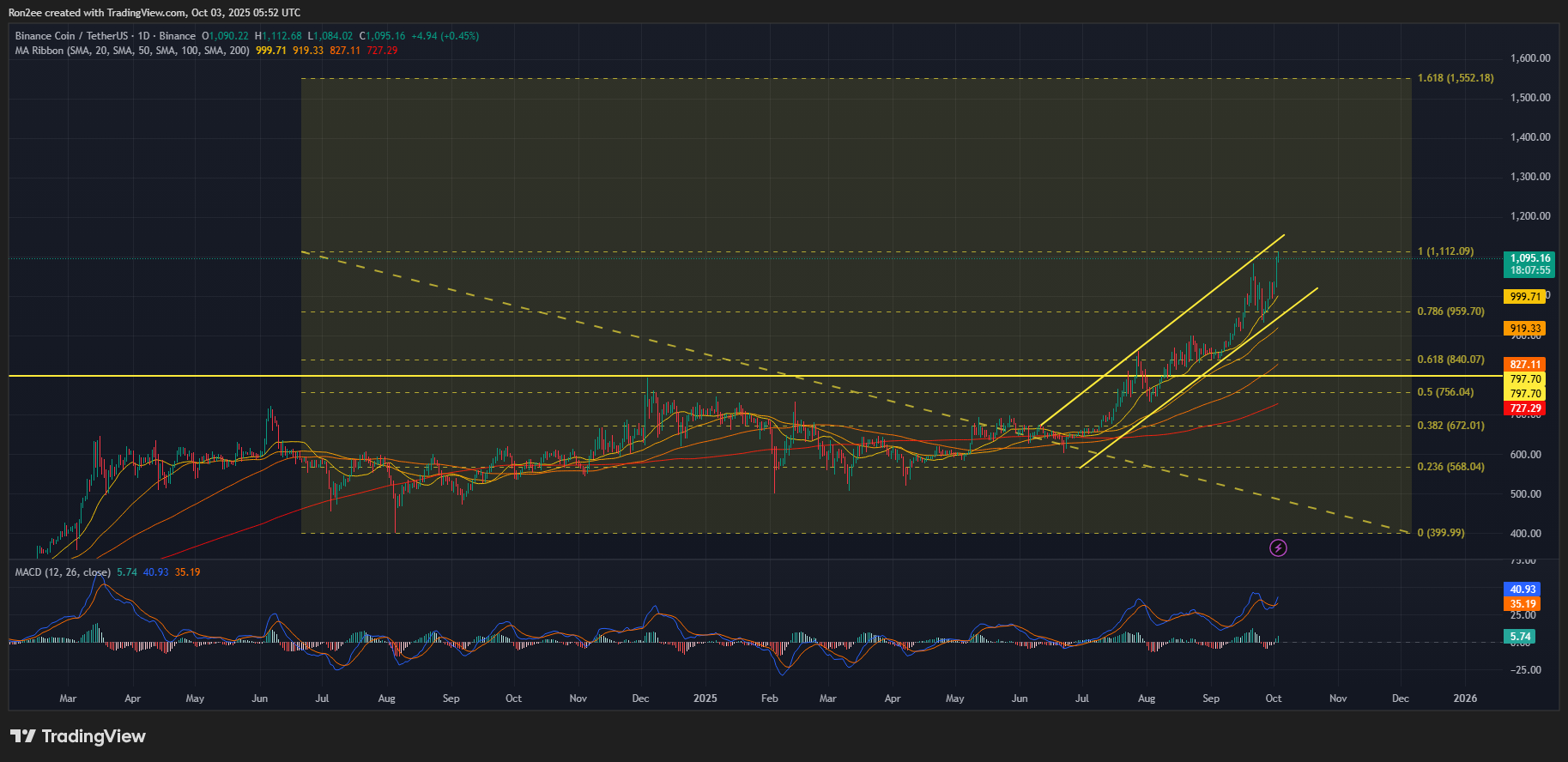 BNB price trades within a bullish continuation pattern on the daily chart.