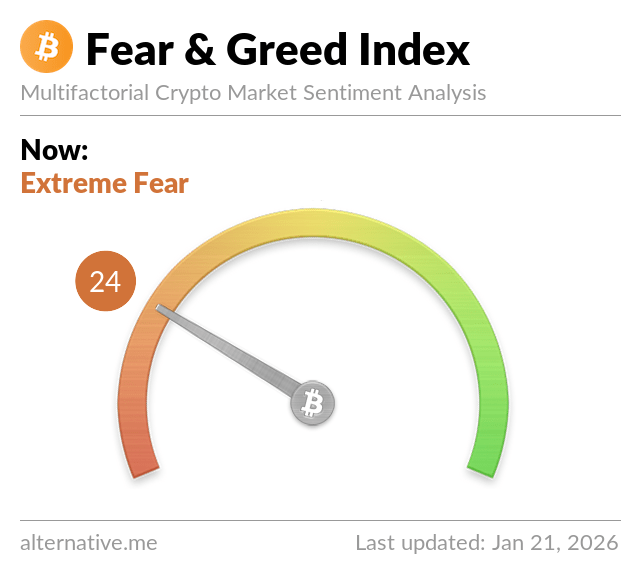 Bitcoin Fear and Greed Index showing extreme fear at 24