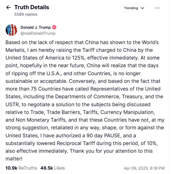 TRUMP Post auf TruthSocial in Richtung CHINA