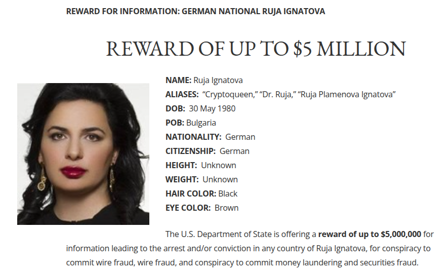 El Departamento de Estado de EE. UU. ofrece recompensa de $5 millones por la captura de la "Cryptoqueen" Ruja Ignatova. Fuente: State.gov