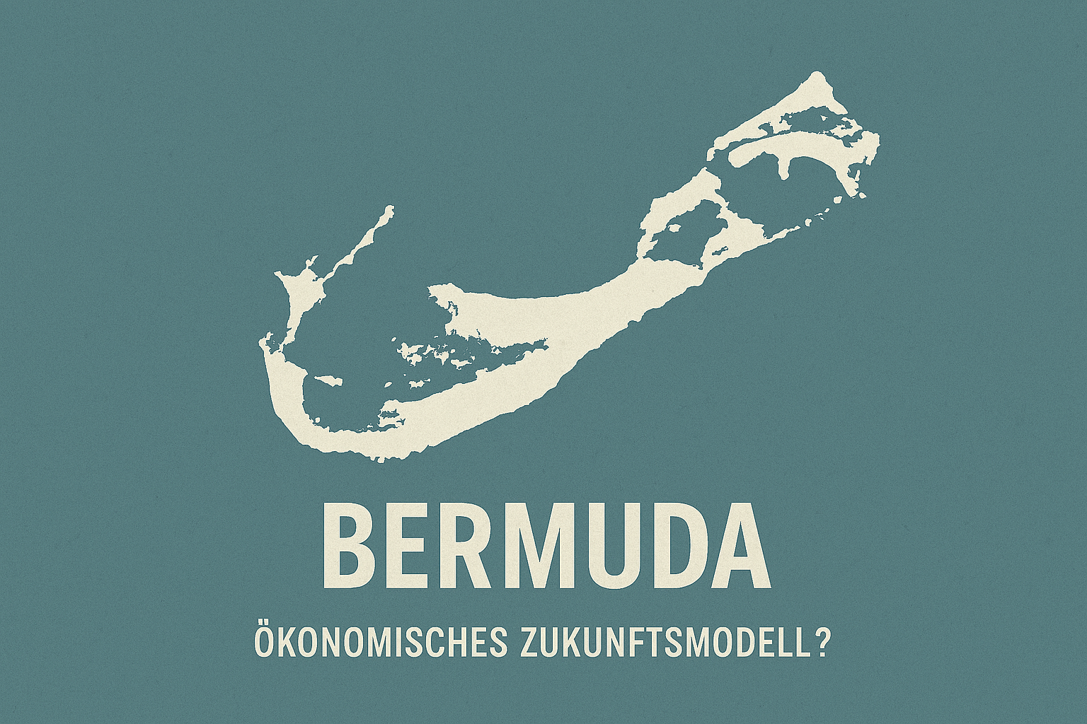 16:9 Grafik mit den Umrissen der Inselgruppe Bermuda, Titeltext „Britisches Überseegebiet Bermuda“, zusätzlicher Text „Ökonomisches Zukunftsmodell?“ sehr klein und im unteren Drittel der Darstellung, klare Linien, sachlich, modern