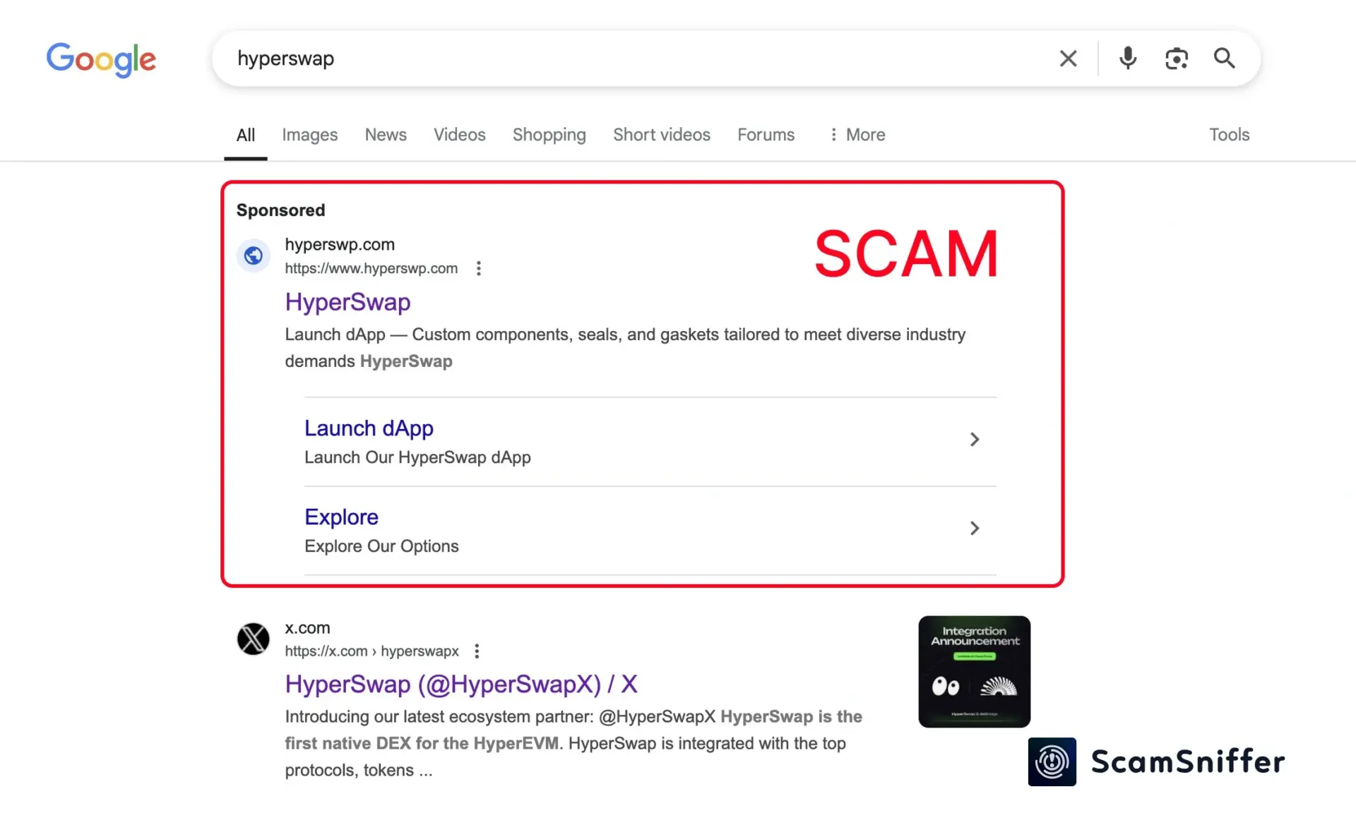 Scam Sniffer warned that the top Google search result for HyperSwap is a malicious link to a wallet-draining site
