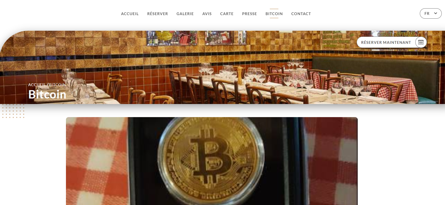 A page dedictaed to Bitcoin on a resturant's website.