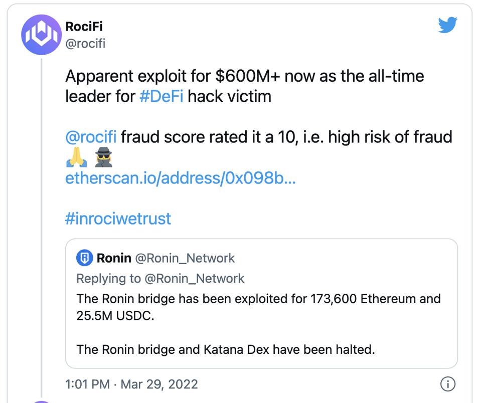 RociFi's fraud analytics scored the hacker's addresses as high risk previously.