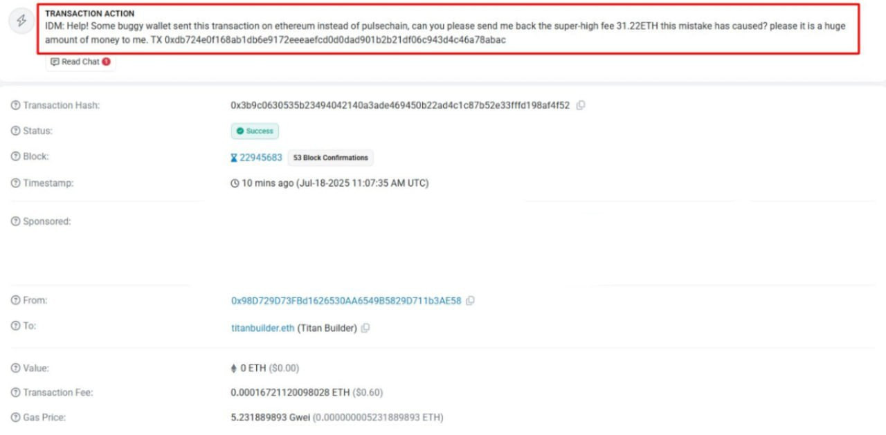 Ein Screenshot einer Etherscan-Transaktionsseite mit Details und einer hervorgehobenen Nachricht, in der eine Rückerstattung für eine irrtümlich hohe Transaktionsgebühr von 21 ETH - im Wert von über 50.000 Dollar - gefordert wird, die auf der falschen Kette mit Ethereum gesendet wurde.