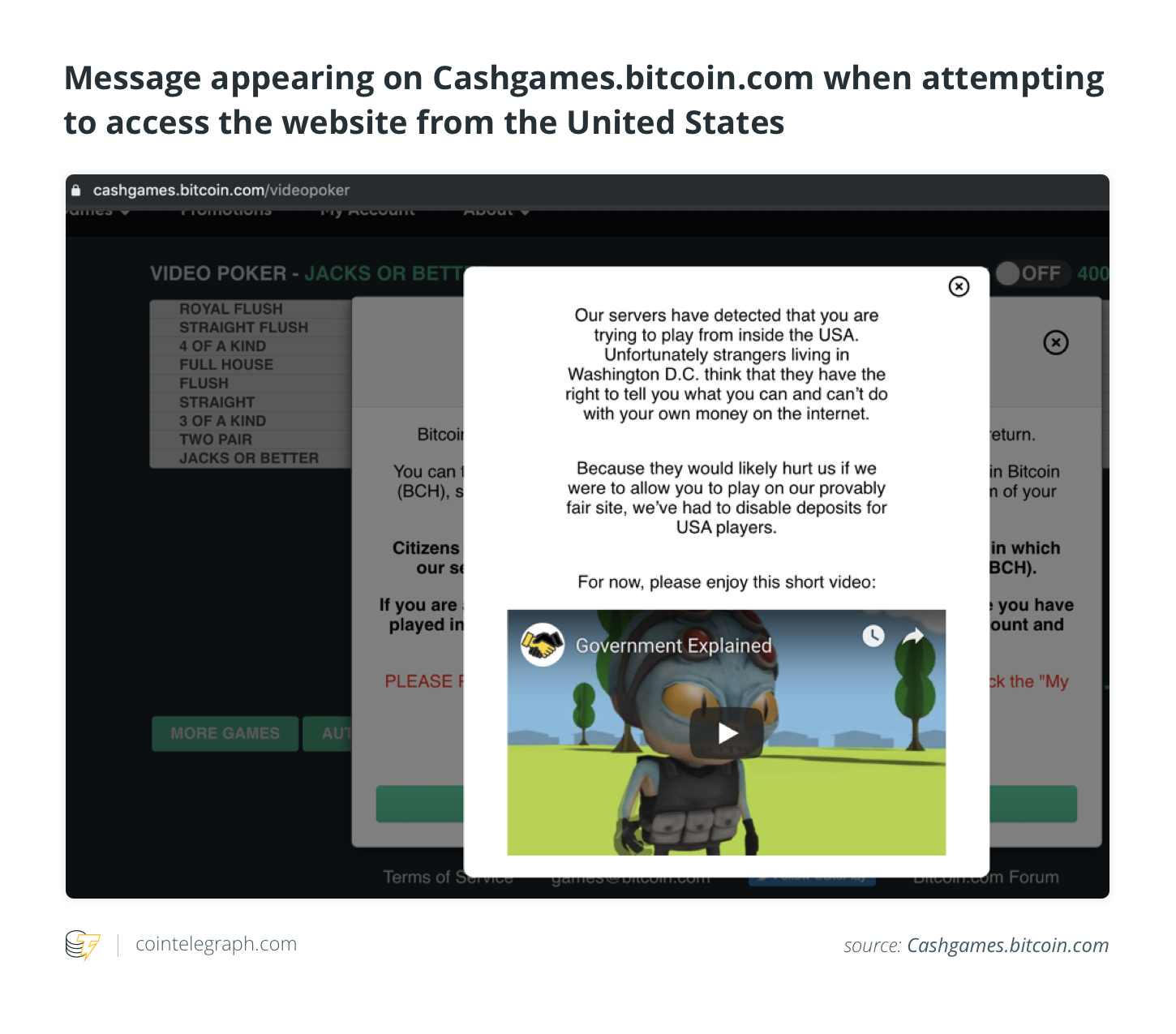 Message, appearing on Cashgames.bitcoin.com