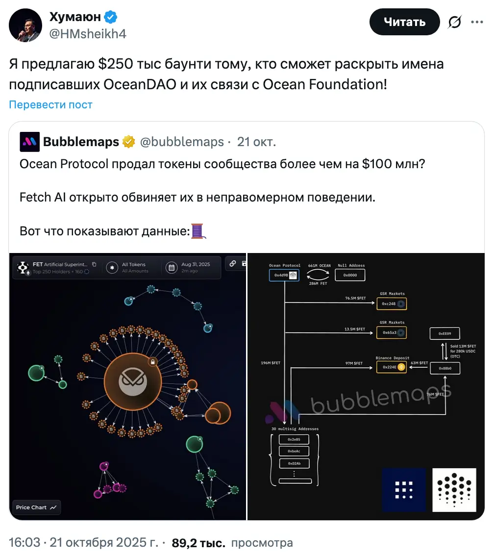 Глава Fetch.ai обещает $250 тыс за информацию о махинациях Ocean Protocol Глава Fetch.ai обещает $250 тыс за информацию о махинациях Ocean Protocol