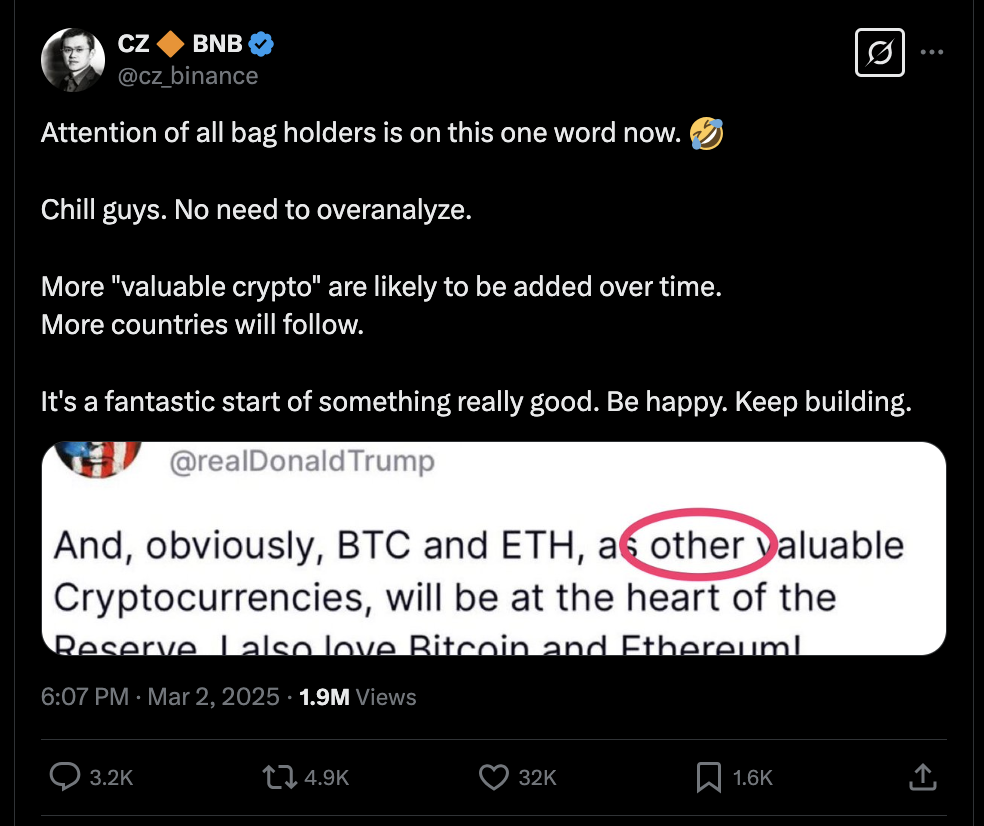 Co-Fundador de Binance Changpeng Zhao Reacciona al Anuncio de la Reserva Estratégica de Criptoactivos de Trump | 28 de febrero de 2025
