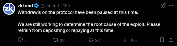 Рисунок 1 — Пост официального аккаунта zkLend об эксплойте протокола в сети X.com