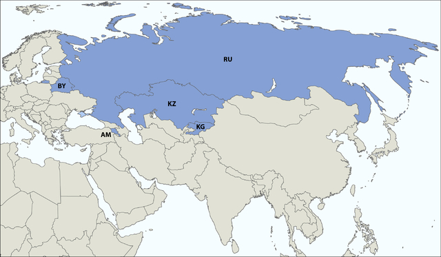 A map with the member states of the Eurasian Economic Union shaded in dark blue (Crimea, which is disputed, is shaded in light blue).