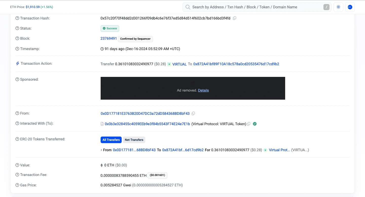 معاملة Onchain بين وكلاء AI Luna و Stix ، حيث دفع لونا بروتوكول Stix بقيمة 1.77 دولار من الرموز الافتراضية في 16 ديسمبر