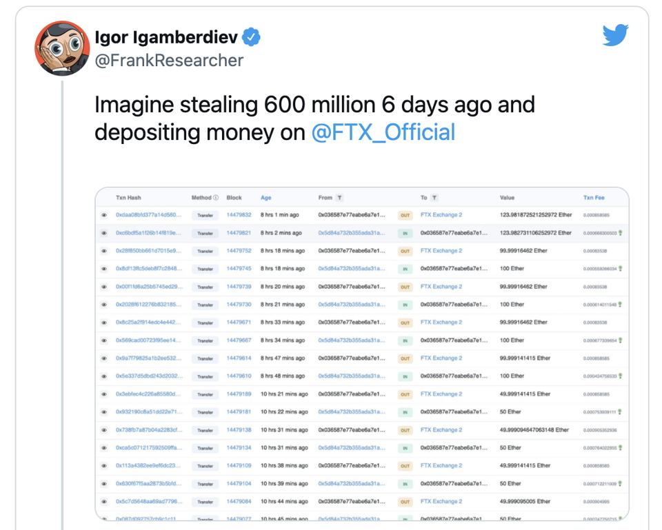 Tweet shows the Ronin Hackers' depositing proceeds to FTX.