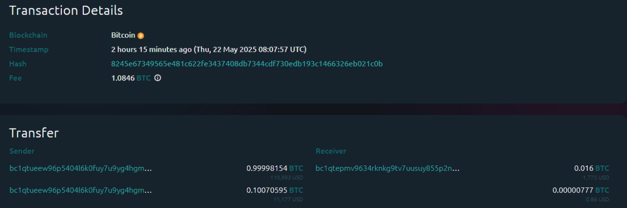 Неизвестный заплатил более 1 BTC комиссии за перевод биткоинов