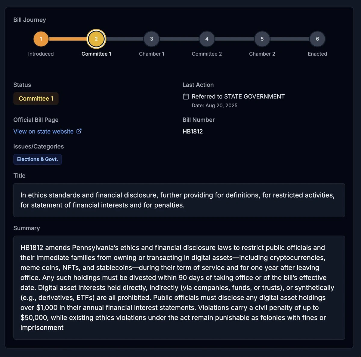 Pennsylvania House sees bill to ban public officials from owning Bitcoin and digital assets 