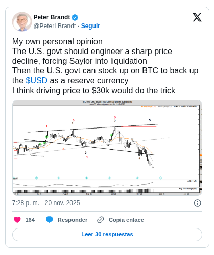 Peter Brandt: EEUU podría llevar a Bitcoin hasta los $30,000