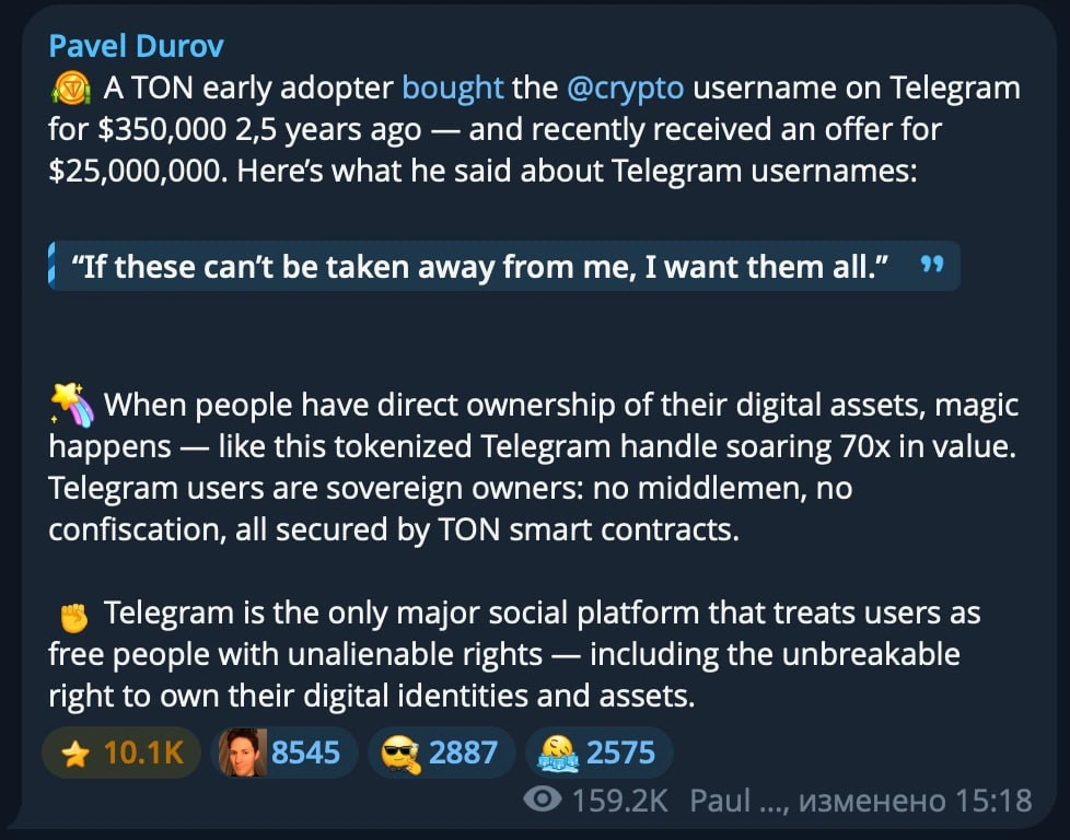 Telegram user with the @crypto username receives $25M offer to sell
