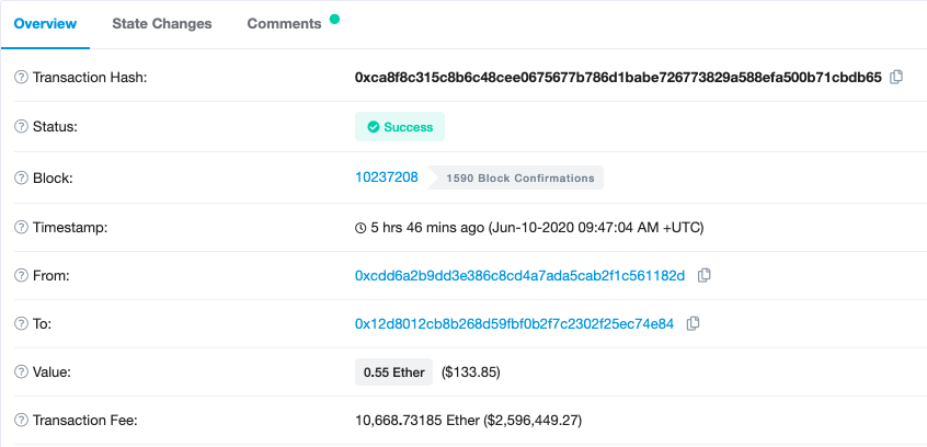 The details of the $2.5 million fee transaction on Etherscan