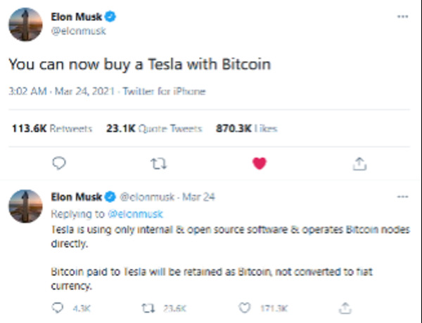 Elon Musk tweet - you can buy a Tesla with Bitcoin.