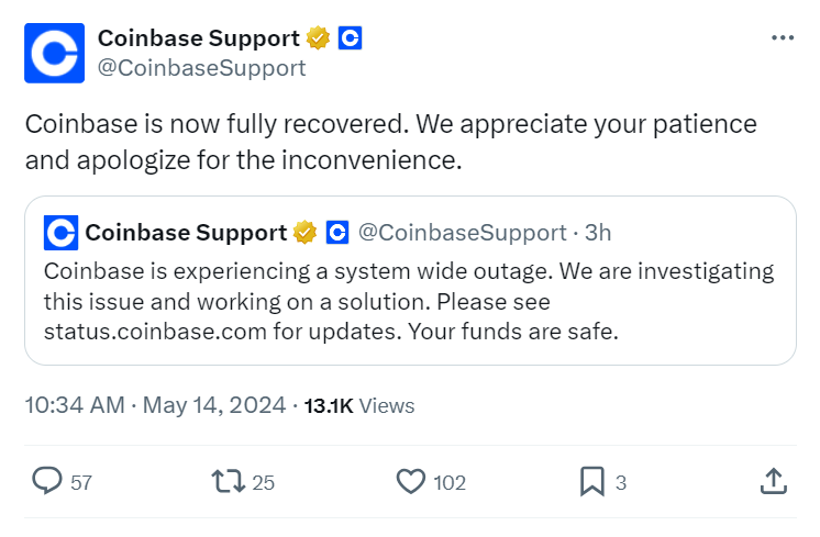 Coinbase восстанавливается после сбоя, но вывод средств пока недоступен